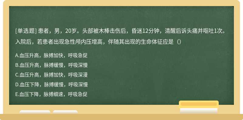 患者，男，20岁。头部被木棒击伤后，昏迷12分钟，清醒后诉头痛并呕吐1次。入院后，若患者出现急性颅内压增高，伴随其出现的生命体征应是（）