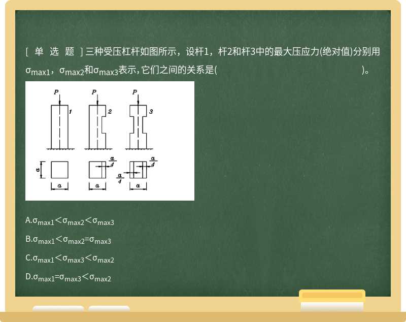 三种受压杠杆如图所示，设杆1，杆2和杆3中的最大压应力（绝对值)分别用σmax1，σmax2和σmax3表示，它们之间的关系