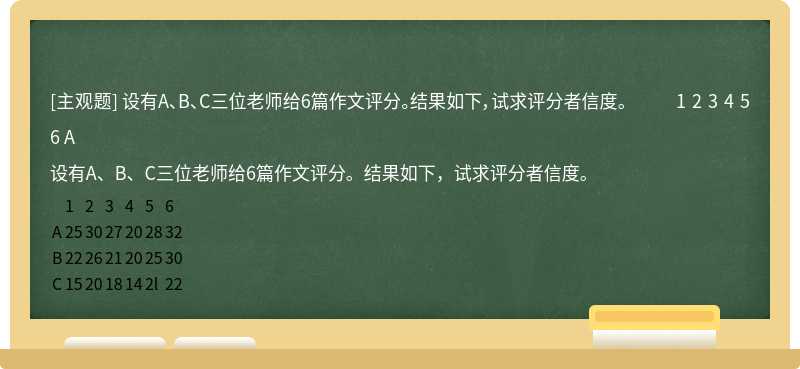 设有A、B、C三位老师给6篇作文评分。结果如下，试求评分者信度。              1   2   3   4   5   6      A