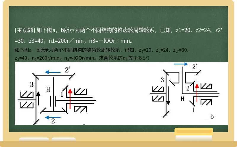 如下图a，b所示为两个不同结构的锥齿轮周转轮系，已知，z1=20、z2=24、z2'=30、z3=40，n1=200r／min，n3=－lOOr／min。