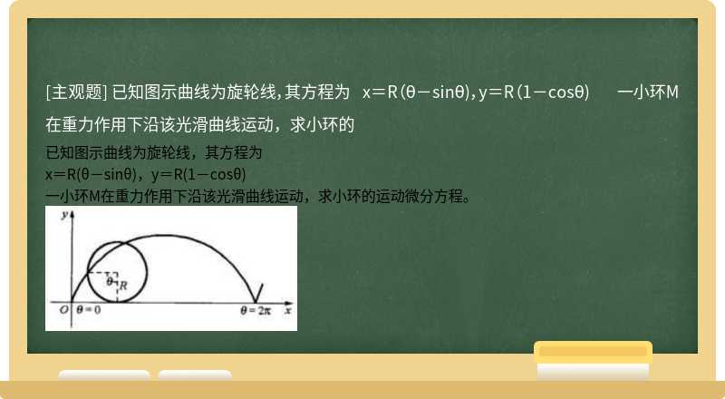 已知图示曲线为旋轮线，其方程为  x＝R（θ－sinθ)，y＝R（1－cosθ)  一小环M在重力作用下沿该光滑曲线运动，求小环的