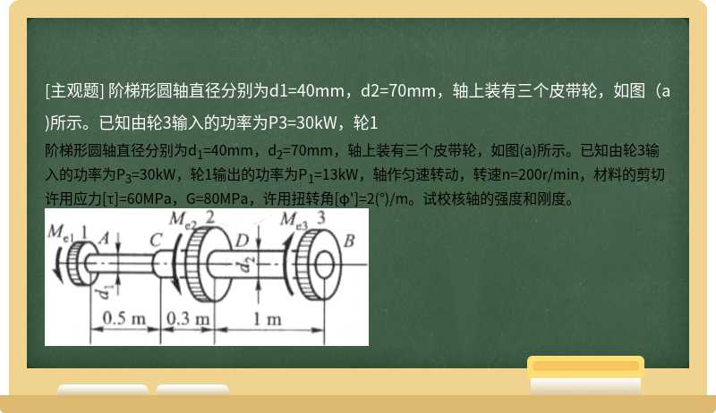 阶梯形圆轴直径分别为d1=40mm，d2=70mm，轴上装有三个皮带轮，如图（a)所示。已知由轮3输入的功率为P3=30kW，轮1