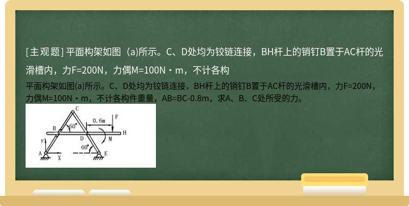 平面构架如图（a)所示。C、D处均为铰链连接，BH杆上的销钉B置于AC杆的光滑槽内，力F=200N，力偶M=100N·m，不计各构