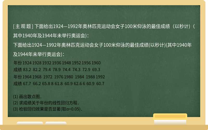 下面给出1924—1992年奥林匹克运动会女子100米仰泳的最佳成绩（以秒计)（其中1940年及1944年未举行奥运会)：