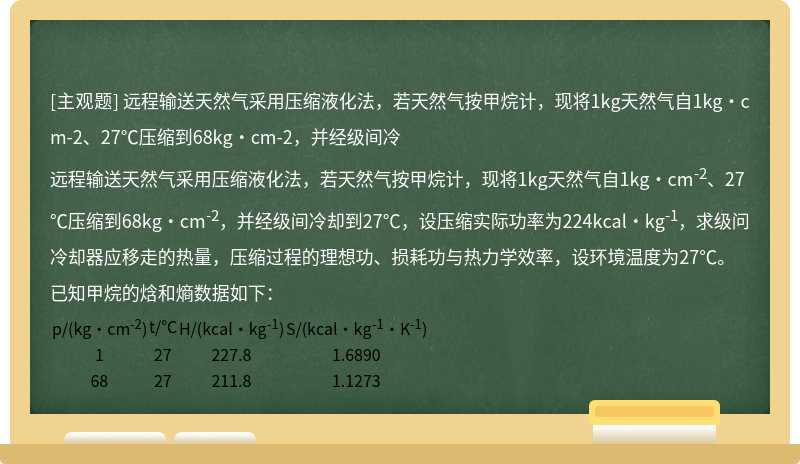 远程输送天然气采用压缩液化法，若天然气按甲烷计，现将1kg天然气自1kg·cm-2、27℃压缩到68kg·cm-2，并经级间冷