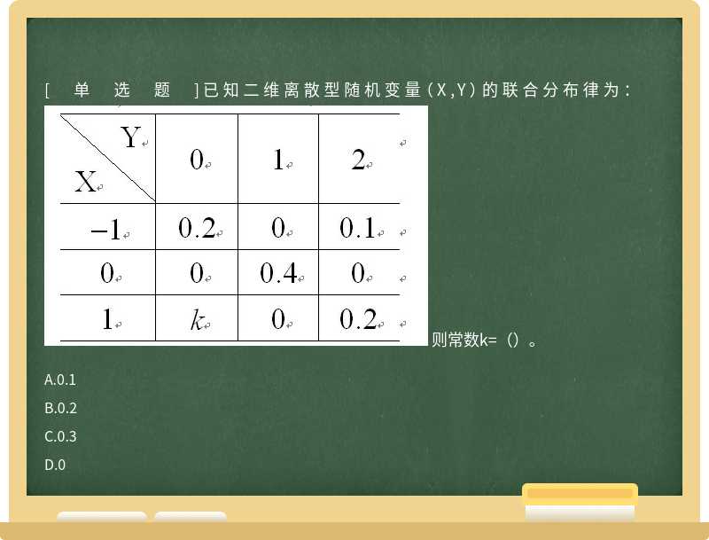 已知二维离散型随机变量（X,Y）的联合分布律为：   则常数k=（）。