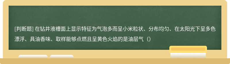 在钻井液槽面上显示特征为气泡多而呈小米粒状、分布均匀、在太阳光下呈多色漂浮、具油香味、取样能够点燃且呈黄色火焰的是油层气（）