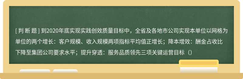 到2020年底实现实践创效质量目标中，全省及各地市公司实现本单位以网格为单位的两个增长：客户规模、收入规模两项指标平均值正增长；降本增效：酬金占收比下降至集团公司要求水平；提升穿透：服务品质领先三项关键运营目标（）