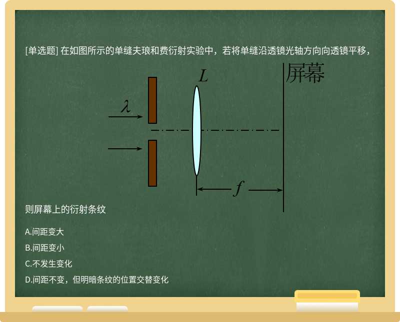 在如图所示的单缝夫琅和费衍射实验中，若将单缝沿透镜光轴方向向透镜平移，则屏幕上的衍射条纹 