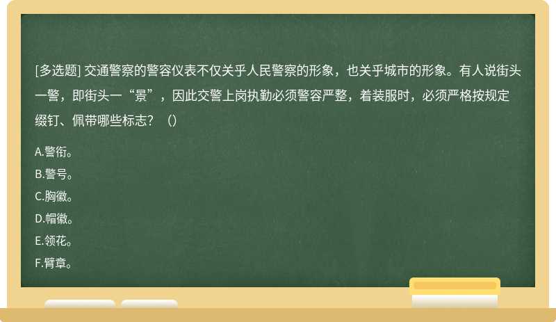 交通警察的警容仪表不仅关乎人民警察的形象，也关乎城市的形象。有人说街头一警，即街头一“景”，因此交警上岗执勤必须警容严整，着装服时，必须严格按规定缀钉、佩带哪些标志？（）