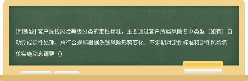 客户洗钱风险等级分类的定性标准，主要通过客户所属风险名单类型（如有）自动完成定性处理。总行合规部根据洗钱风险形势变化，不定期对定性标准和定性风险名单实施动态调整（）