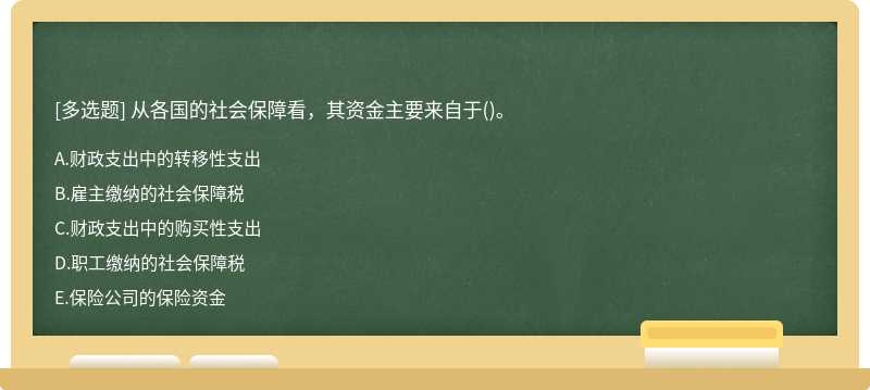 从各国的社会保障看，其资金主要来自于()。