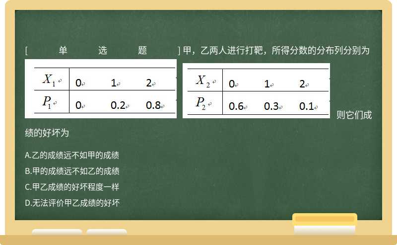 甲，乙两人进行打靶，所得分数的分布列分别为   则它们成绩的好坏为