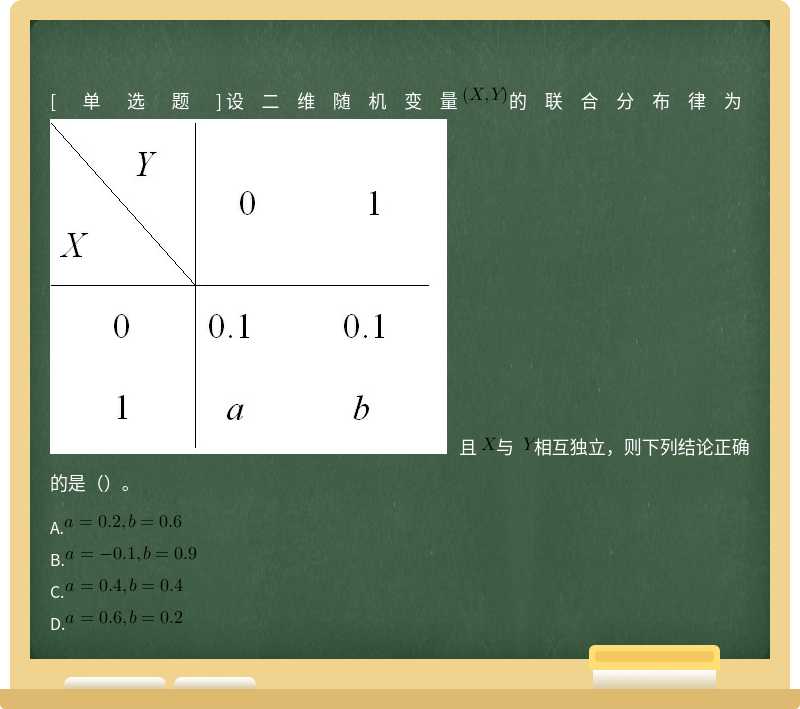 设二维随机变量 的联合分布律为   且 与 相互独立，则下列结论正确的是（）。