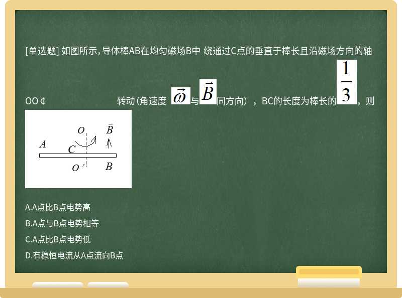 如图所示，导体棒AB在均匀磁场B中 绕通过C点的垂直于棒长且沿磁场方向的轴OO￠ 转动（角速度与同方向），BC的长度为棒长的，则 