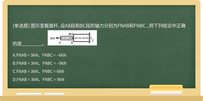 图示变截面杆，设AB段和BC段的轴力分别为FNAB和FNBC ，则下列结论中正确的是________。 