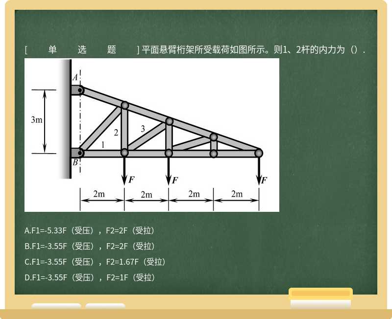 平面悬臂桁架所受载荷如图所示。则1、2杆的内力为（）. 