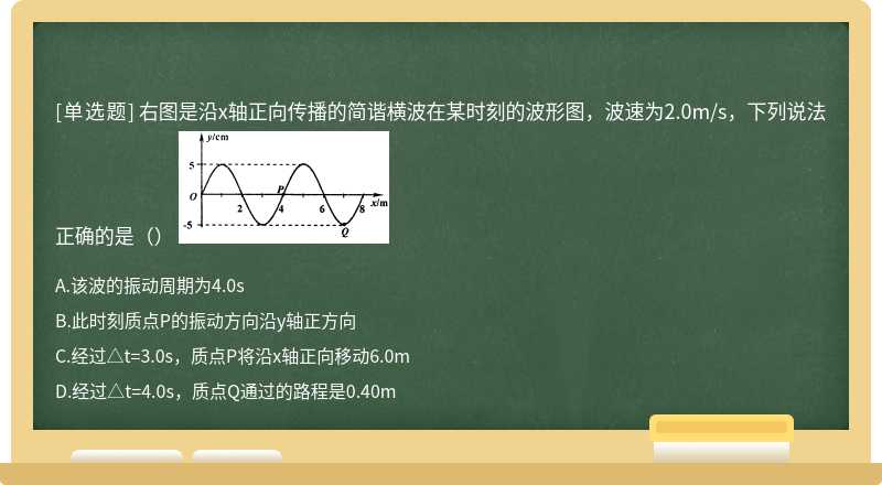 右图是沿x轴正向传播的简谐横波在某时刻的波形图，波速为2.0m/s，下列说法正确的是（） 