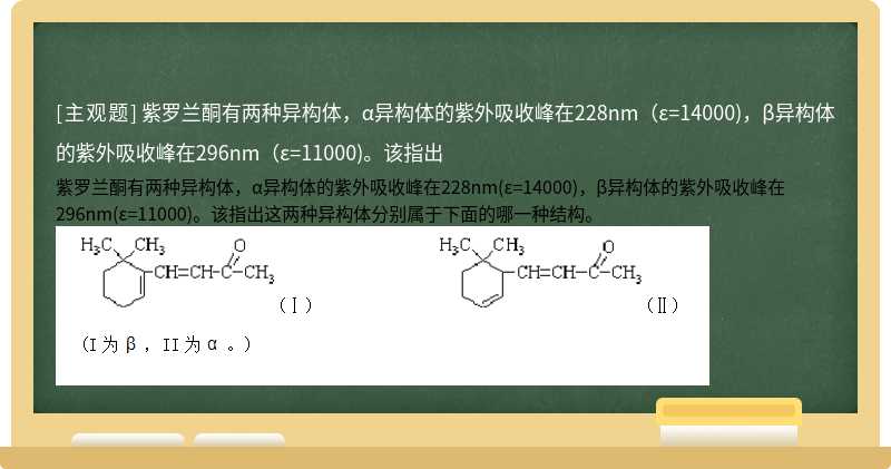 紫罗兰酮有两种异构体，α异构体的紫外吸收峰在228nm（ε=14000)，β异构体的紫外吸收峰在296nm（ε=11000)。该指出