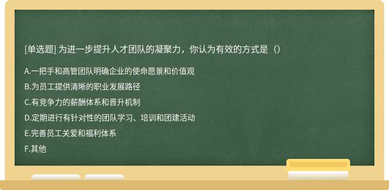 为进一步提升人才团队的凝聚力，你认为有效的方式是（）