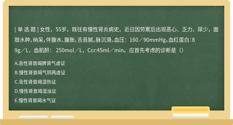 女性，55岁。既往有慢性肾炎病史。近日因劳累后出现恶心、乏力、尿少，面肢水肿，纳呆，伴腹水、腹胀，舌苔腻，脉沉滑。血压： 160／90mmHg。血红蛋白：89g／L，血肌酐： 250mol／L，Ccr:45ml／min。应首先考虑的诊断是（）