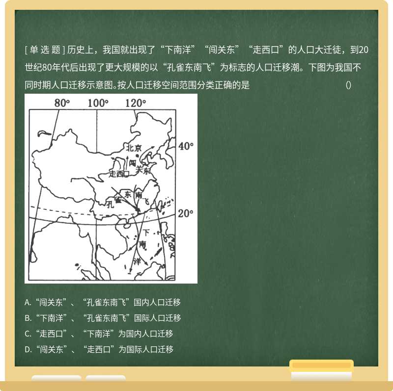 历史上，我国就出现了“下南洋”“闯关东”“走西口”的人口大迁徒，到20世纪80年代后出现了更大规模的以“孔雀东南飞”为标志的人口迁移潮。下图为我国不同时期人口迁移示意图。按人口迁移空间范围分类正确的是 （） 