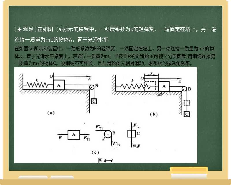在如图（a)所示的装置中，一劲度系数为k的轻弹簧．一端固定在墙上，另一端连接一质量为m1的物体A，置于光滑水平