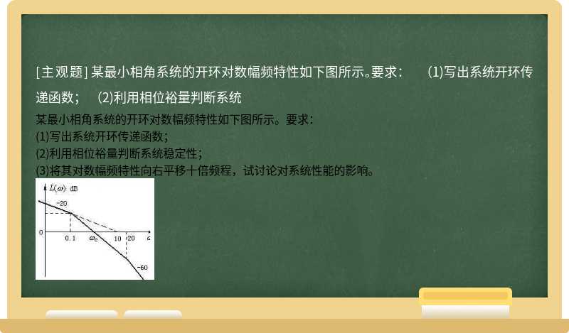 某最小相角系统的开环对数幅频特性如下图所示。要求：  （1)写出系统开环传递函数；  （2)利用相位裕量判断系统