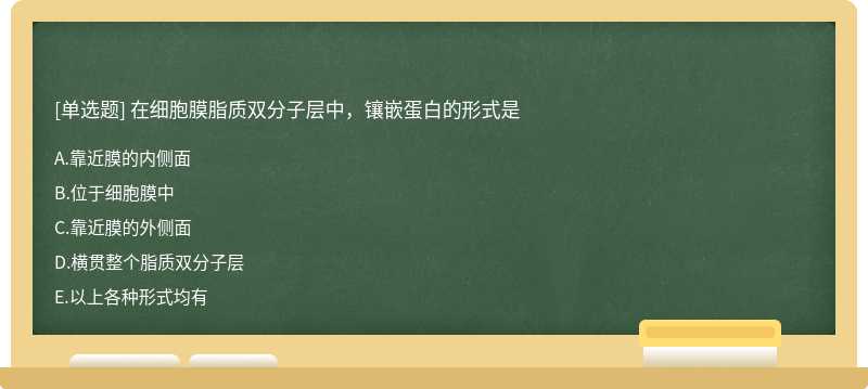 在细胞膜脂质双分子层中，镶嵌蛋白的形式是  A．靠近膜的内侧面  B．位于细胞膜中  C．靠近膜的外侧面  D．横贯