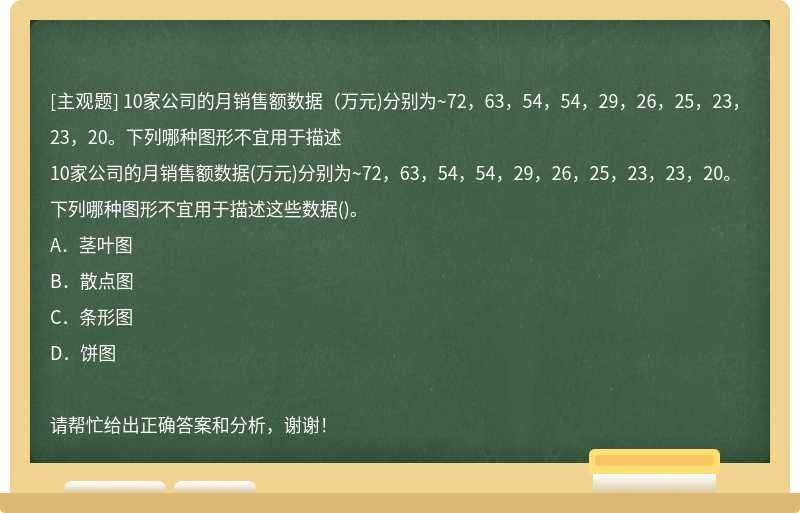 10家公司的月销售额数据（万元)分别为~72，63，54，54，29，26，25，23，23，20。下列哪种图形不宜用于描述