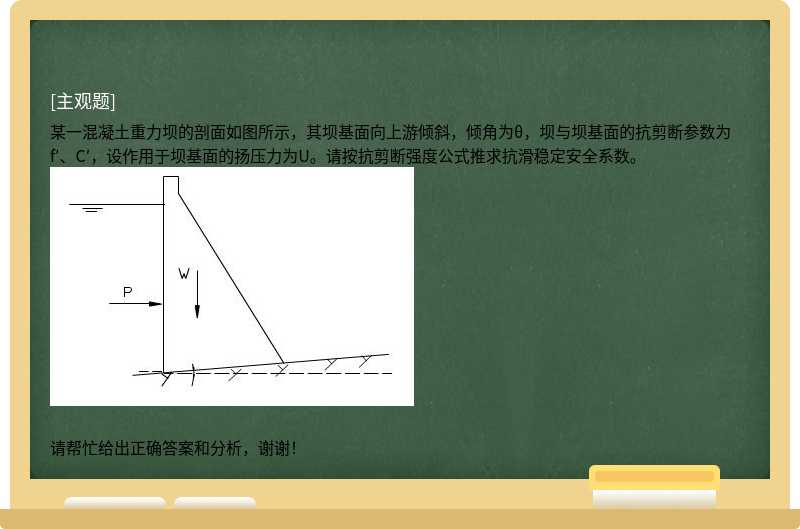 某一混凝土重力坝的剖面如图所示，其坝基面向上游倾斜，倾角为θ，坝与坝基面的抗剪断参数为f′、C′，设