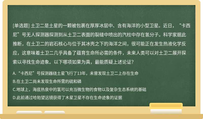 土卫二是土星的一颗被包裹在厚厚冰层中、含有海洋的小型卫星。近日，“卡西尼”号无人探测器探测到