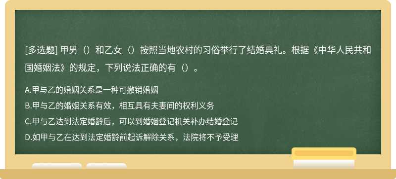甲男（）和乙女（）按照当地农村的习俗举行了结婚典礼。根据《中华人民共和国婚姻法》的规定，下列说法正确的有（）。