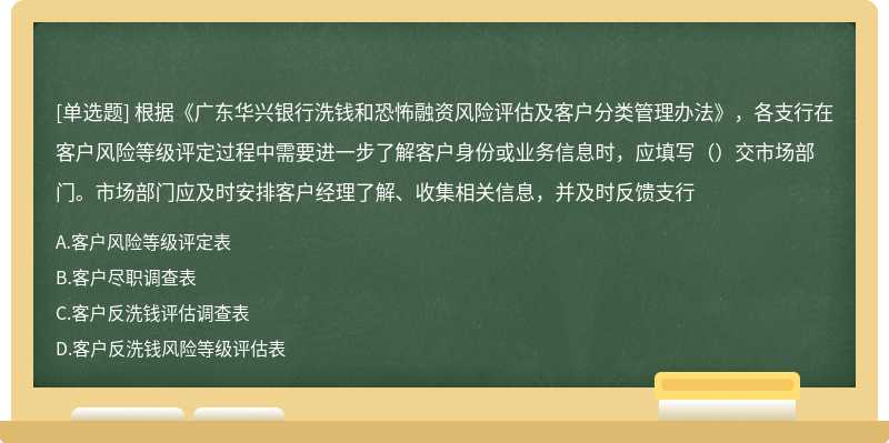 根据《广东华兴银行洗钱和恐怖融资风险评估及客户分类管理办法》，各支行在客户风险等级评定过程中需要进一步了解客户身份或业务信息时，应填写（）交市场部门。市场部门应及时安排客户经理了解、收集相关信息，并及时反馈支行