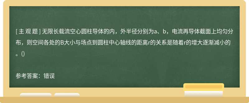 无限长载流空心圆柱导体的内，外半径分别为a、b，电流再导体截面上均匀分布，则空间各处的B大小与