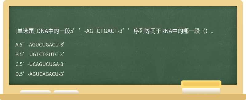 DNA中的一段5’’-AGTCTGACT-3’’序列等同于RNA中的哪一段（）。