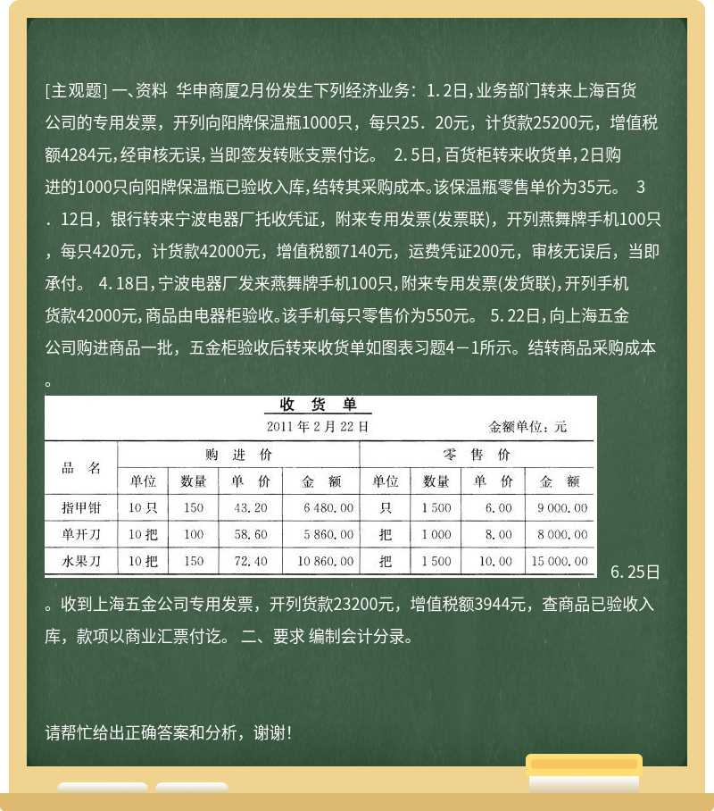 一、资料 华申商厦2月份发生下列经济业务： 1．2日，业务部门转来上海百货公司的专用发票，开列向阳