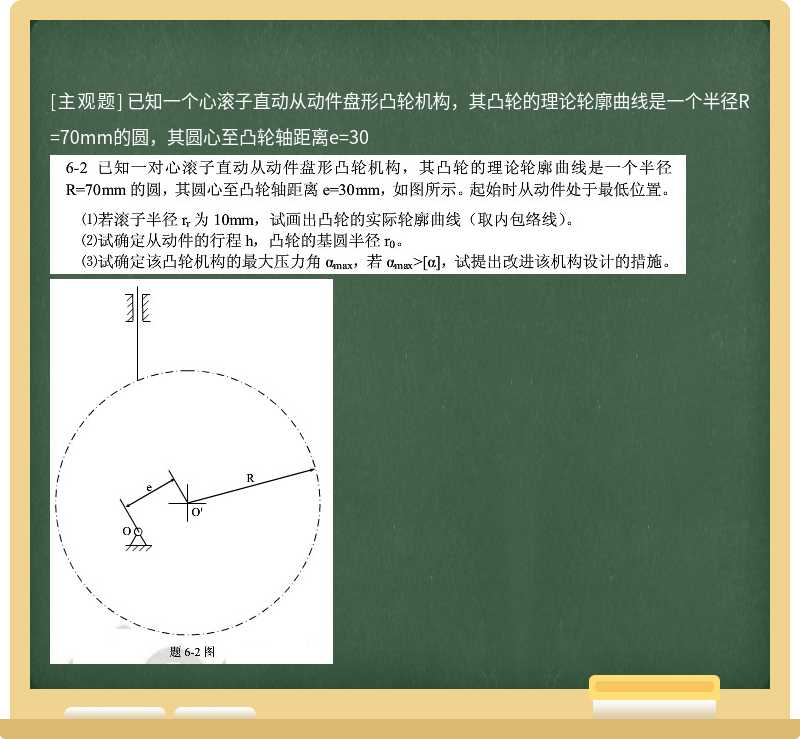 已知一个心滚子直动从动件盘形凸轮机构，其凸轮的理论轮廓曲线是一个半径R=70mm的圆，其圆心至凸轮轴距离e=30