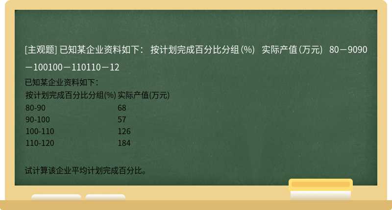 已知某企业资料如下：           按计划完成百分比分组（%)   实际产值（万元)      80－9090－100100－110110－12