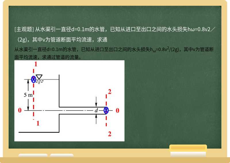 從水渠引一直徑d=0.1m的水管，已知從進(jìn)口至出口之間的水頭損失hω=0.8v2／（2g)，其中v為管道斷面平均流速，求通