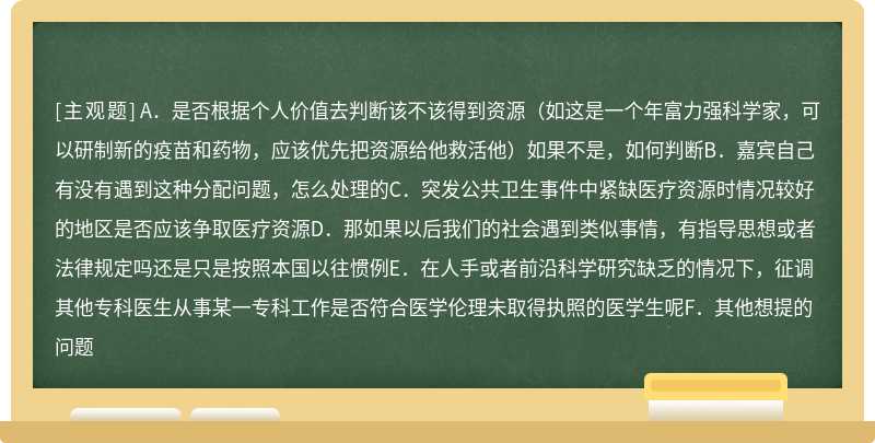 关于“突发卫生事件中紧缺公共医疗资源分配的伦理方案”，我们收集到了一些问题，大家更想向嘉宾提哪些问题（）