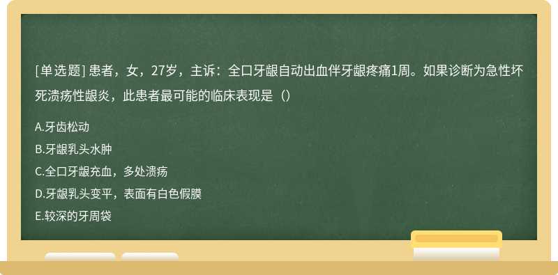 患者，女，27岁，主诉：全口牙龈自动出血伴牙龈疼痛1周。如果诊断为急性坏死溃疡性龈炎，此患者最可能的临床表现是（）