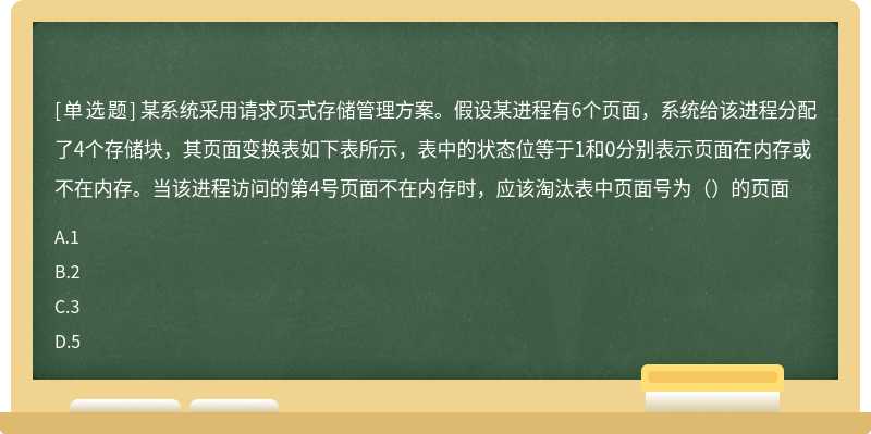 某系统采用请求页式存储管理方案。假设某进程有6个页面，系统给该进程分配了4个存储块，其页面变换表如下表所示，表中的状态位等于1和0分别表示页面在内存或不在内存。当该进程访问的第4号页面不在内存时，应该淘汰表中页面号为（）的页面