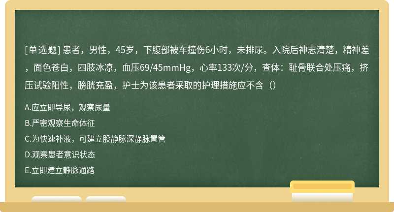 患者，男性，45岁，下腹部被车撞伤6小时，未排尿。入院后神志清楚，精神差，面色苍白，四肢冰凉，血压69/45mmHg，心率133次/分，查体：耻骨联合处压痛，挤压试验阳性，膀胱充盈，护士为该患者采取的护理措施应不含（）