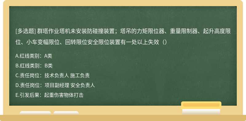 群塔作业塔机未安装防碰撞装置；塔吊的力矩限位器、重量限制器、起升高度限位、小车变幅限位、回转限位安全限位装置有一处以上失效（）