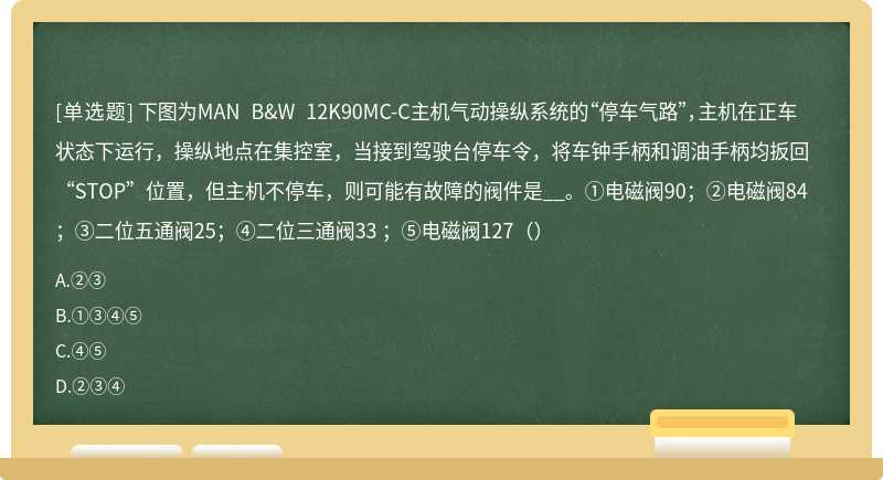 下图为MAN B&W 12K90MC-C主机气动操纵系统的“停车气路”，主机在正车状态下运行，操纵地点在集控室，当接到驾驶台停车令，将车钟手柄和调油手柄均扳回“STOP”位置，但主机不停车，则可能有故障的阀件是__。①电磁阀90；②电磁阀84 ；③二位五通阀25；④二位三通阀33 ；⑤电磁阀127（）