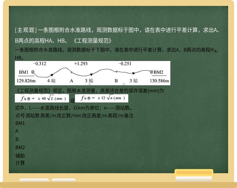 一条图根附合水准路线，观测数据标于图中，请在表中进行平差计算，求出A、B两点的高程HA、HB。    《工程测量规范》