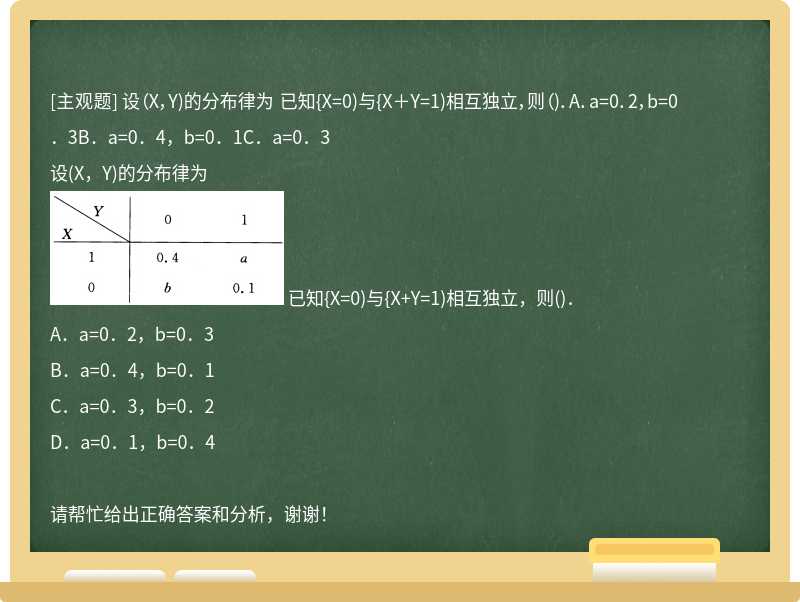 设（X，Y)的分布律为 已知{X=0)与{X＋Y=1)相互独立，则（)．A．a=0．2，b=0．3B．a=0．4，b=0．1C．a=0．3