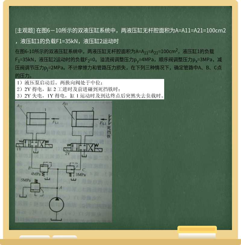 在图6－10所示的双液压缸系统中，两液压缸无杆腔面积为A=A11=A21=100cm2，液压缸1的负载F1=35kN，液压缸2运动时