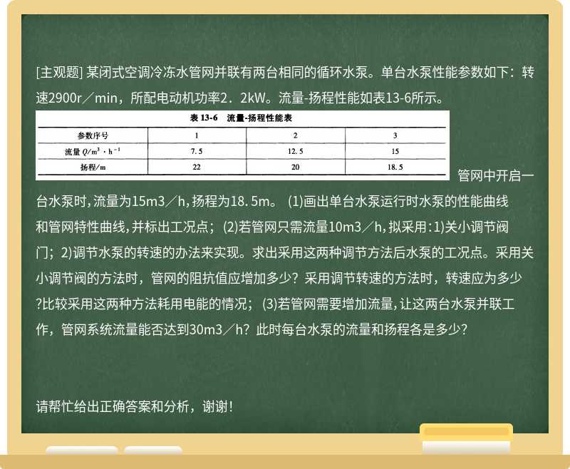 某闭式空调冷冻水管网并联有两台相同的循环水泵。单台水泵性能参数如下：转速2900r／min，所配电动机